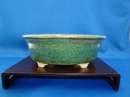 緑釉外縁楕円鉢(自作鉢 手びねり)　162 x 135 x 57